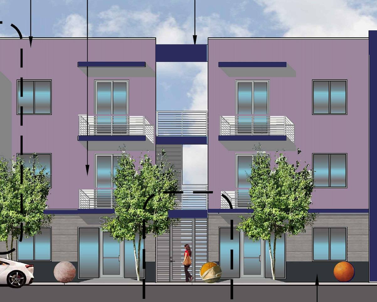 Architectural visualisation of the Palmetto Bay street elevation with spherical artworks at pedestrian level