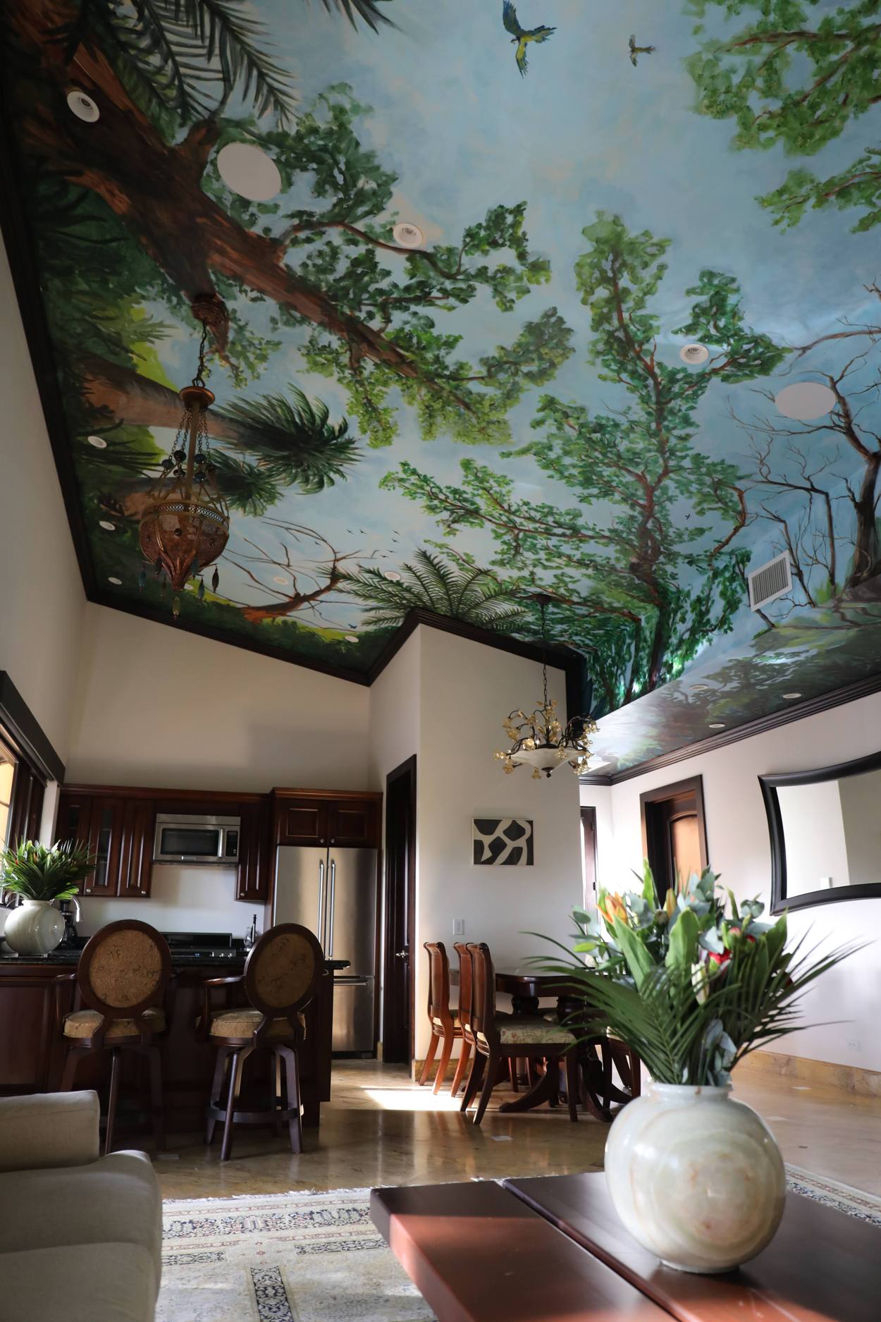 Interior view of the painted ceiling above the kitchen and dining area